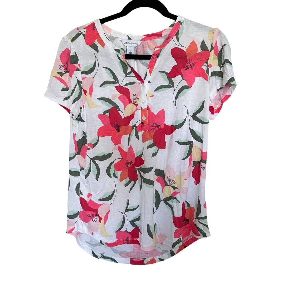 Liz Claiborne Pink Floral Short Sleeve Shirt Size Small Casual Rayon Blend NEW